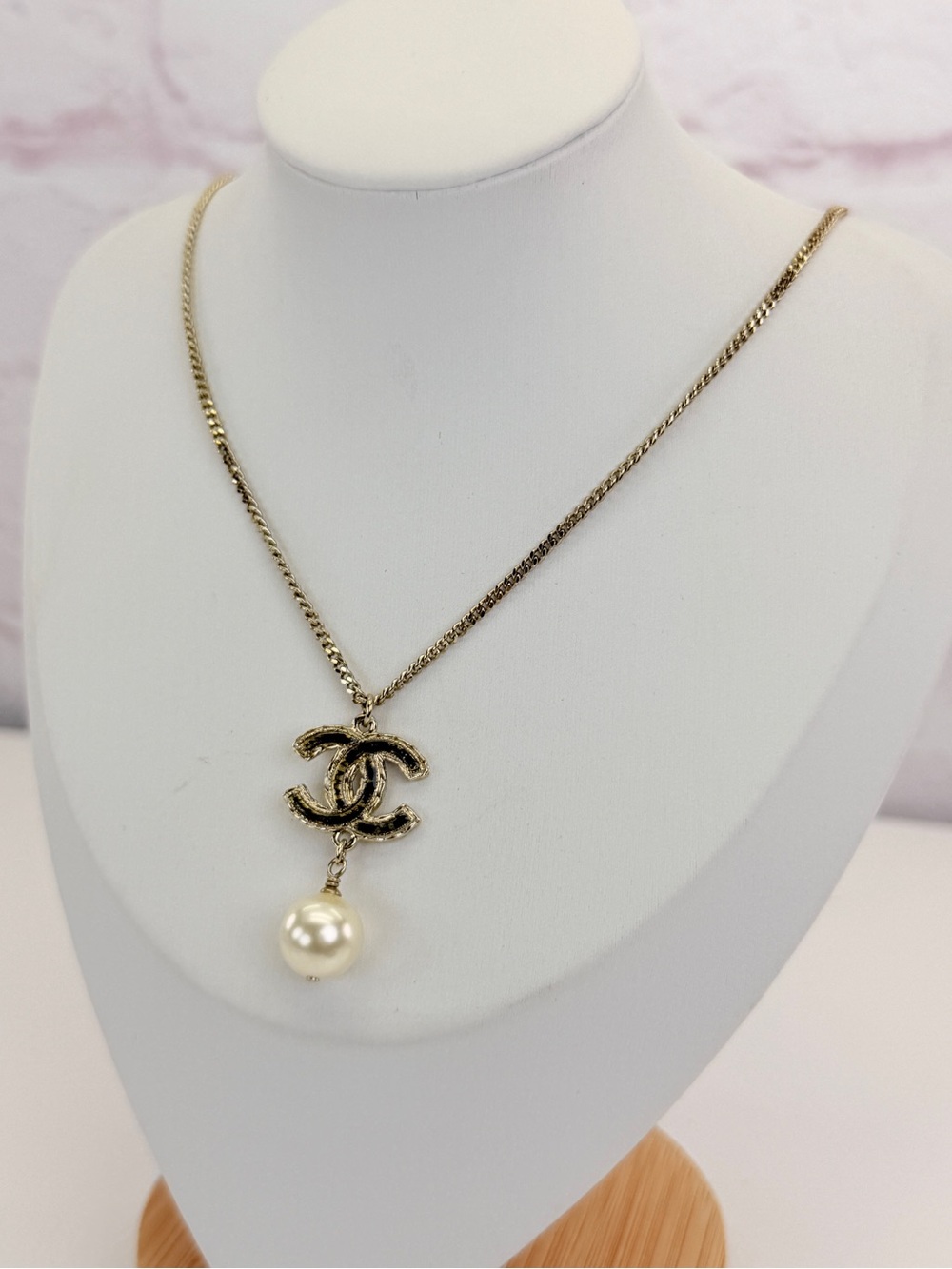 Chanel CC Black Gold Pearl Drop Pendant Necklace